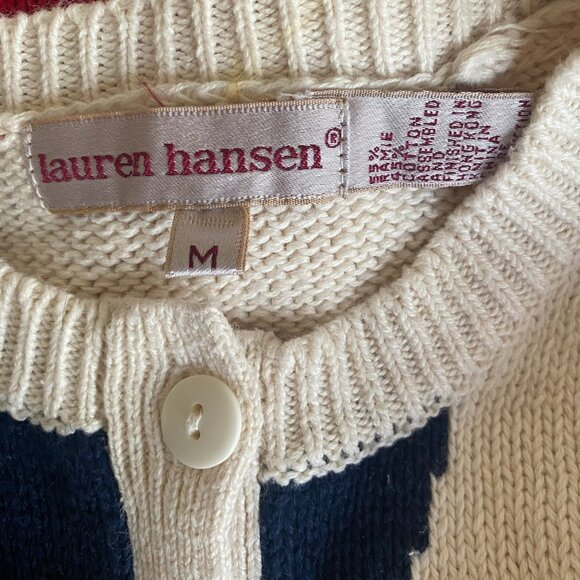 Lauren Hansen VTG American Flag Novelty Knit Cardigan Sweater M Button Up Ramie - Picture 4 of 12